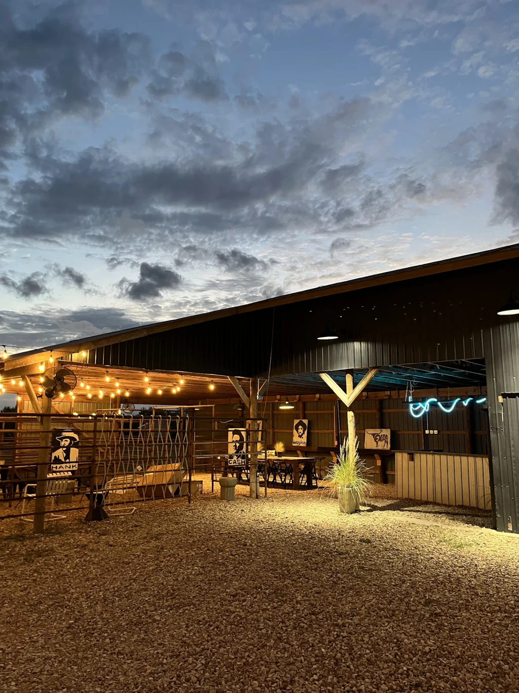 Event Barn at Rancho Moonrise corporate retreat venue near Austin Texas — seats 200 with neon lighting