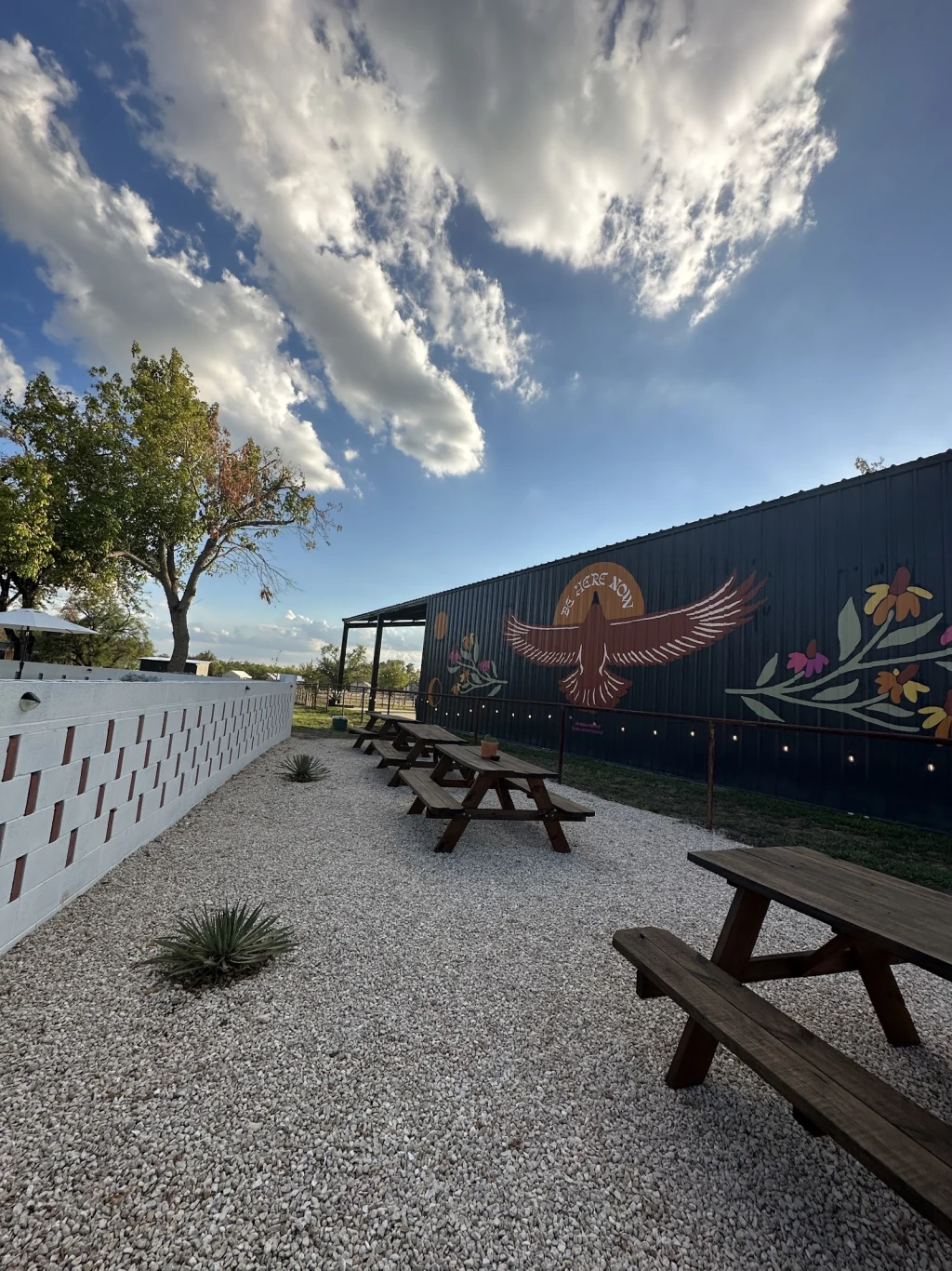 Gravel courtyard at Rancho Moonrise with wood picnic tables, agave planted in the gravel, and a thunderbird mural with BE HERE NOW lettering painted across the black metal barn wall