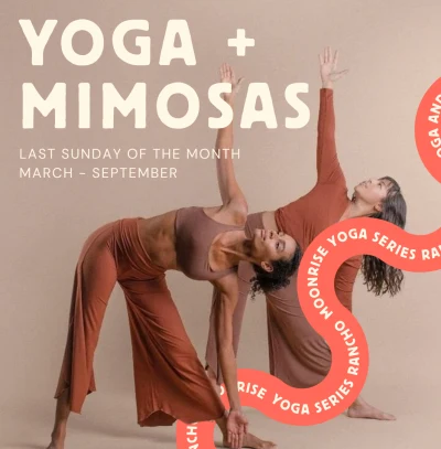 Yoga & Mimosas outdoor yoga event at Rancho Moonrise near Austin Texas