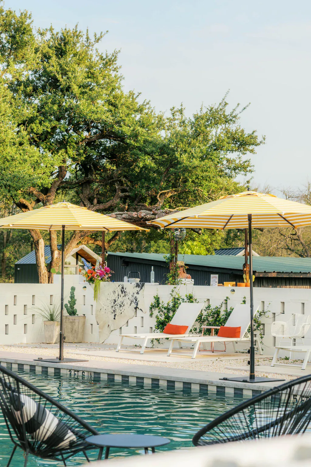 Shaded seating beside the Rancho Moonrise pool