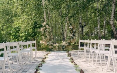 Place for wedding ceremony in garden, copy space. Wedding arch d